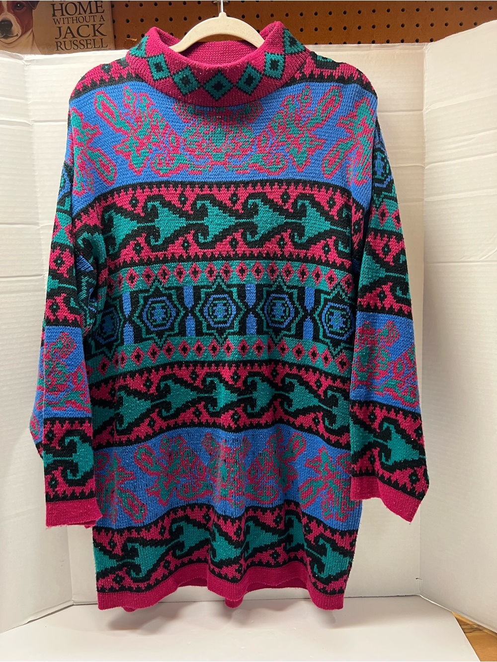 Vintage Aztec Fun Designs Oversized Cowl-Neck Sweater in Turquoise & Pink